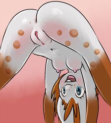 2017 anoddscot anthro anus ass bent_over blue_eyes breasts buckteeth cute female freckles fur ginger_(oddbaillie) ginger_fur hair lagomorph mammal navel nipples open_mouth orange_hair presenting presenting_pussy pussy rabbit rear_view small_breasts smile teeth tongue white_fur