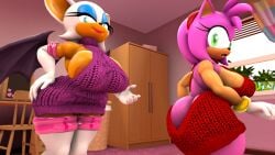 2girls 3d 3d_(artwork) 3d_model amy_rose anthro areola_slip areolae ass bat big_ass big_breasts breasts busty clothed darksorm dress eulipotyphlan female female_only furry looking_at_viewer mobian mobian_(species) mobian_bat rouge_the_bat seductive_smile sega sonic_(series) sonic_adventure_2 sonic_the_hedgehog_(series)