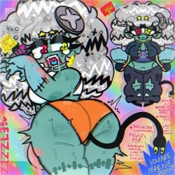 ass ass_focus big_breasts dialogue eyestrain frankenstein furry short_shorts tail thick_ass thick_thighs vapurrwavefoxxo