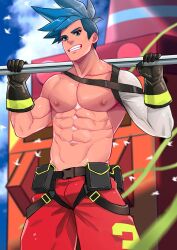 1boy belt belt_harness belt_pouch blue_hair bulge cocky galo_thymos grin grinning_at_viewer holding_object looking_at_viewer looking_down looking_down_at_viewer low-angle_view male male_only maorenc muscular open_mouth_smile pants promare seductive small_bulge smile smiling_at_viewer smooth_skin solo solo_male teeth topless undercut