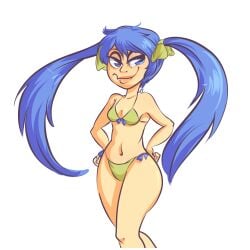 bikini blue_hair breasts crossover crossover_cosplay curvaceous curvy curvy_body curvy_figure disney double_ponytail female flat_chest fusion fusion_character hand_on_hip hatsune_miku hips inside_out inside_out_2 joy_(inside_out) long_hair long_hair_female pixar small_boobs small_breasts tagme yellow_body yellow_skin