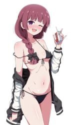 1girls ;d alcohol bikini black_bikini bocchi_the_rock! eggman_(pixiv28975023) female hairbow highres hiroi_kikuri holding_object long_hair long_sleeves looking_at_viewer medium_breasts nail_polish one_eye_closed open_mouth sharp_teeth shoulders smile solo standing stomach swimsuit teeth_showing thighs white_jacket