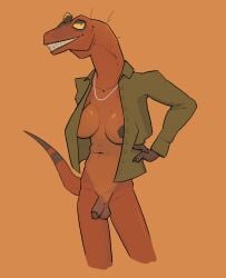 2024 anthro balls bottomless breasts brown_background clothed clothing digital_media_(artwork) dinosaur extinct female_(lore) genitals grin gynomorph hi_res intersex jewelry necklace open_clothing open_shirt open_topwear orange_eyes partially_clothed penis prehistoric_species red_body reptile scalie shirt simple_background smile tail topwear trans_(lore) zagz