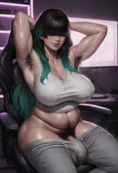 ai_generated briang1748 bulge crop_top cute detailed_background dirty_room dyed_hair futanari gamer_girl gaming gaming_chair green_hair hairy_balls hairy_stomach happy_trail musk pajamas pubic_hair streamer sweatpants sweaty_gamer_girl_(briang1748) thick_ass thick_thighs uncut_penis