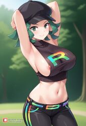 ai_generated arms_behind_head big_breasts civitai green_eyes green_hair large_breasts nipple_slip nipples pokemon rocket_grunt