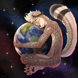 2024 anthro anthro_only ass closed_eyes cosmos digital_media_(artwork) earth feet felid fur hair hi_res hug hugging_object leopard macro male mammal markings_(fur) nude pantherine paws peaceful planet scarlet_side simple_background sky smile snow_leopard solo space star tail toes white_body white_hair