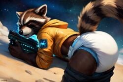 1boy ai_generated bent_over diaper diaper_fetish glowing gun manly orange_jacket pants_down rocket_raccoon space weapon