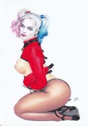 1girls bondage bound breasts_out dc_comics female female_only femsub harley_quinn high_heels kneeling large_breasts looking_at_viewer margot_robbie realistic straitjacket suicide_squad tied_up tim_grayson