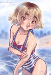 beach blonde_hair cleavage evelynn_laine one-piece_swimsuit stabwxrthy swimsuit