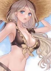 1girls alternate_costume bikini black_bow blonde_hair blue_eyes blue_sky bow breasts brown_bikini brown_swimsuit cleavage cloud collarbone day female female female_only fire_emblem fire_emblem:_three_houses fire_emblem_heroes frilled_bikini frills hairbow hat hazuki_(nyorosuke) highres large_breasts long_hair looking_at_viewer mercedes_von_martritz mercedes_von_martritz_(summer) navel nintendo official_alternate_costume open_mouth outdoors revision side_ponytail sky smile solo stomach straw_hat sun_hat swimsuit very_long_hair