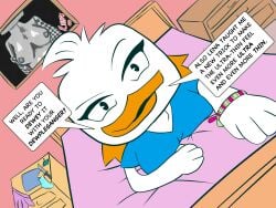 4:3 anatid anseriform anthro avian bed bird broken_condom clothing condom disguise disney duck ducktales ducktales_(2017) female flat_colors furniture hi_res imminent_incest malachite_river panties sexual_barrier_device solo speech_bubble underwear webby_vanderquack