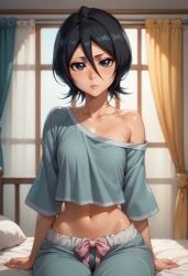 1girls ai_generated black_hair bleach curvy curvy_figure female female_only kuchiki_rukia looking_at_viewer midriff pajamas short_hair sitting sitting_on_bed solo solo_female