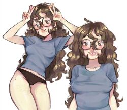 braces glasses mary_beaumont messy_hair mole nipples_visible_through_clothing original_character peace_sign scars stabwxrthy