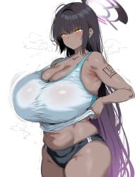 1girls ai_generated big_breasts black_hair blue_archive blue_eyes blush breasts dark-skinned_female female female_focus huge_breasts karin_(blue_archive) large_breasts thick_thighs thighs yellow_eyes