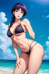 1girls ai_generated ailurid ass beach_background big_breasts bikini bleach blender green_eyes hips khenai kurotsuchi_nemu large_breasts light-skinned_female light_skin mature_female navel ponytail purple_bikini purple_hair solo_female