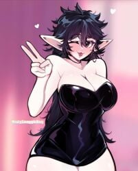 black_dress black_hair blush blushing breasts elf elf_ears elf_girl fluffy_hair goth goth_girl latex latex_clothing long_black_hair long_hair mistysnugglebug pale-skinned_female pale_skin peace_sign sleepy_(mistysnugglebug) thick_hips thick_thighs tongue tongue_out white_skin wide_hips winking winking_at_viewer