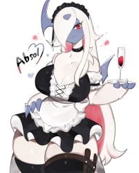 1girls 3_fingers absol anthro big_breasts black_thighhighs choker english_text female female_only generation_3_pokemon hair_over_one_eye hi_res long_hair looking_at_viewer maid maid_headdress maid_uniform nintendo pokemon pokemon_(species) red_eyes red_hair smiling smiling_at_viewer solo text thick_thighs thighhighs toge77789 togetoge tray two_tone_hair white_background white_fur wine_glass