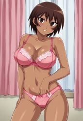 1girls ai_generated azumanga_daiou big_breasts bow_bra bow_panties bra breasts brown_hair dark-skinned_female female gastkeser82 hand_in_own_panties hand_in_panties huge_breasts implied_masturbation kagura_(azumanga_daiou) leaning leaning_to_the_side legs_apart navel panties pink_bra pink_panties short_hair smile sole_female solo standing stomach tan-skinned_female tan_body tan_skin tomboy voluptuous wholesome wholesome_end