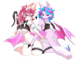 affti anthro bat_pony blue_hair bra breasts clothing duo equid fan_character female femboy genitals hair hasbro heart_symbol hi_res lollipop_bliss_(oc) male mammal membrane_(anatomy) membranous_wings my_little_pony panties penis pink_hair simple_background sweetie_swirl_(twilybutt) under_boob underwear whip white_background wings