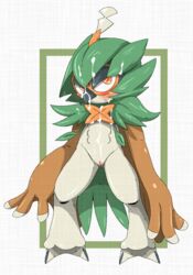 1girls avian beak belly blush claws cum decidueye doneru feet female female_decidueye female_only half-closed_eyes looking_at_viewer nintendo nude orange_eyes pokemon pokemon_sm pussy solo standing video_games