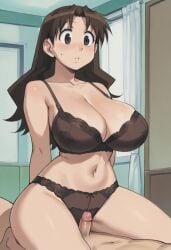 1boy 1girls ai_generated azumanga_daiou big_breasts bra breasts brown_bra brown_hair brown_panties clothed_female_nude_male disbelief female gastkeser82 half-closed_eyes large_breasts long_hair navel on_top panties parted_bangs parted_lips penis_awe small_penis solo stomach straddling thick_thighs tiny_penis yukari_tanizaki