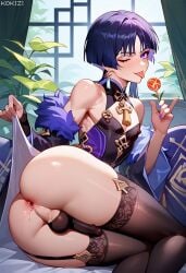 ai_generated ai_hands ass femboy gay genshin_impact inviting_to_sex kokizi light-skinned_male looking_at_viewer male nude penis presenting_ass scaramouche_(genshin_impact) small_penis solo stockings testicles tongue_out wanderer wanderer_(genshin_impact) wink yaoi