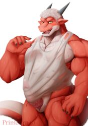 animal_genitalia anthro dragon erection genital_slit hair horn looking_at_viewer male male_only muscular open_mouth penis penis_under_shirt primodrago slit solo tapering_penis wet