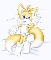 1boy alystaircat anthro bed blue_eyes briefs bulge bulge_through_clothing button_nose cheek_tuft footwear fox furry gloves handjob male male_only open_mouth pinup pinup_pose sheet_grab sheets signature socks solo_male sonic_(series) sonic_the_hedgehog_(series) tails tails_the_fox underwear white_body white_briefs white_fur white_gloves white_socks white_underwear yellow_body yellow_fur