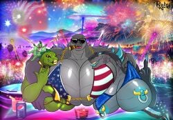 4girls 4th_of_july american_flag_bikini anthro bimbo bimbo_lips bimbos enormous_breasts gigantic_breasts godzilla godzilla_(series) humongous_breasts kaiju kaiju_girl rubykila zilla