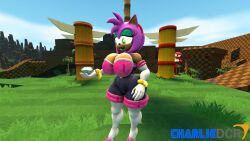3d_(artwork) amy_rose big_breasts bodysuit chaos_emerald charliedcr curvy_female knuckles_the_echidna neckline rouge_the_bat_(cosplay) sonic_(series) sonic_the_hedgehog_(series) spandex_suit thick_thighs