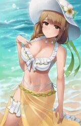 1girls alternate_costume bare_shoulders beach bikini braid braided_ponytail breasts brown_hair cleavage closed_mouth doiparuni female female_only fire_emblem fire_emblem_engage fire_emblem_heroes flower frilled_bikini frills goldmary_(fire_emblem) goldmary_(summer)_(fire_emblem) hair_ribbon hat hat_flower highres large_breasts long_hair low_ponytail navel nintendo ocean official_alternate_costume ribbon sarong see-through smile solo sun_hat swimsuit white_bikini white_hat white_ribbon yellow_eyes yellow_sarong