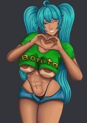 2d abs alternate_costume areolae areolae_slip bare_midriff big_breasts blue_eyes brazil brazilian brazilian_female brazilian_miku breasts bursting_breasts busty cosplay crop_top daisy_dukes dogkacique female female_focus female_only fit fit_female g-string hatsune_miku heart_hands hourglass_figure large_breasts laura_matsuda_(cosplay) long_hair navel nipple_slip nipples overflowing_breasts tagme tan tan_body tan_skin tanline thong toned toned_female turquoise_hair twintails underboob vocaloid wide_hips wink winking_at_viewer