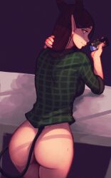 1girls ass ass_focus bent_over bottomless brown_hair female flannel_shirt hand_in_hair hazel_eyes highres holding_phone horns looking_at_viewer looking_back pussy raichiyo33 shadow smile smiling_at_viewer solo tail vero_(raichiyo33)