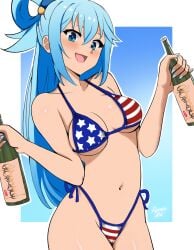 1girls alcohol american_flag american_flag_bikini aqua_(konosuba) aqua_eyes aqua_hair big_breasts bikini blue_eyes blue_hair blue_nails bottle breasts female female_only flag flag_bikini kono_subarashii_sekai_ni_shukufuku_wo! light_blue_eyes light_blue_hair long_hair looking_at_viewer nail_polish navel open_mouth rynessart solo swimsuit wine wine_bottle