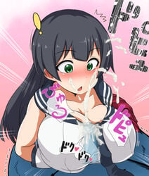 ! :o agano_(kantai_collection) black_hair blush breasts cum cum_on_clothes ejaculation ejaculation_between_breasts ejaculation_under_clothes female gloves green_eyes isemagu kantai_collection large_breasts long_hair looking_down necktie nose_blush open_mouth paizuri paizuri_under_clothes pleated_skirt school_uniform skirt solo solo_focus