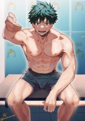 1boy abs aged_up arurun1231 bulge freckles green_hair izuku_midoriya male male_only muscular muscular_male my_hero_academia solo solo_male underwear