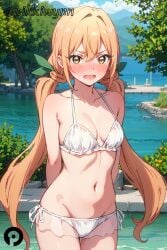 100_kanojo ai_generated arms_behind_back bangs bare_shoulders bikini blonde_hair blush breasts brown_eyes cleavage collarbone cowboy_shot day embarrassed female groin hair_between_eyes hair_ribbon halterneck inda_karane kimi_no_koto_ga_dai_dai_dai_dai_daisuki_na_100-nin_no_kanojo long_hair looking_at_viewer low_twintails medium_breasts navel nose_blush open_mouth outdoors pikkiwynn ribbon side-tie_bikini_bottom sky small_breasts solo standing stomach swimsuit the_100_girlfriends_who_really_really_really_really_really_love_you tree twintails very_long_hair water white_bikini yellow_eyes