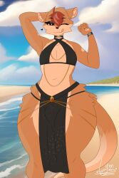 2020s 2024 2d 2d_(artwork) 5_fingers :p anthro anthro_only beach big_thighs black_clothing bottom_heavy brown_fur bulge bulge_through_clothing choker clothed clothing cloud clouds covered_nipples ear femboy fur furry furry_male furry_only hi_res highres hips jewelry loincloth looking_at_viewer lynn_(lynnminx) lynnminx male male_focus male_only mammal navel original original_character otter outdoors red_eyes red_hair sand short_hair slim_waist solo solo_focus solo_male tail thick_thighs thighs tongue tongue_out two_tone_fur water wide_hips wink winking_at_viewer