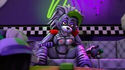3d 4k animatronic arm_band big_breasts breasts checkered_wall disboi215 ear_piercing earrings facepaint five_nights_at_freddy's five_nights_at_freddy's:_security_breach fnaf green_hair grey_body grey_hair helmet highres kneehighs kneesocks leaning_forward legs_spread naked neon_lights nude orange_eyes pink_nipples plush purple_lipstick pushing_breasts_together red_shoulder_pads robot roxanne_wolf_(fnaf) sfm silver_hair sitting sitting_on_couch source_filmmaker spiked_belt spiked_bracelet spiked_collar squeezing_breasts wrist_cuffs zebra_print