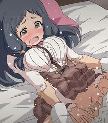 1boy 1girls arm_grab bed black_hair blush breasts brown_eyes censored clothed_sex clothing crying female idolmaster idolmaster_cinderella_girls large_breasts long_hair male oonuma_kurumi open_mouth penetration penis pillow pussy sex skirt skirt_lift solo_focus spread_legs tearing_up tears tomu_(tomubobu) vaginal_penetration