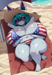 1girls 4th_of_july ai_generated american_flag_bikini arms_behind_head beach beach_towel big_breasts breasts breasts_bigger_than_head curvy gigantic_breasts green_hair grey_body huge_breasts hyper_breasts large_breasts league_of_legends looking_away massive_breasts nai_diffusion pink_eyes riot_games shade shiny_skin shortstack solo stable_diffusion sun_hat sunglasses sweat thick_thighs towel umbrella vex_(league_of_legends) voluptuous yordle