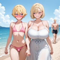1boy 1man 1woman ai_generated beach bikini blonde_hair blue_eyes blush cloud clouds crossdressing feminization holding_hands huge_breasts humiliated humiliating humiliation humiliation_fetish mommy mommy_dom mommy_kink mountain pink_bikini pout pouting public qqcutie short_hair shorts sissy sky smirk smirking thin_waist walking water wide_hips