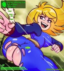1girls ass ass_bigger_than_breasts ass_bigger_than_head ass_bigger_than_torso ass_focus belt blonde_female blonde_hair blonde_hair_female blue_clothes blue_clothing blue_jumpsuit blurred_background blurry_background breasts catchlight commando exposed_ass fallout female femdom game_ui going_commando grin grinning health_bar jumping notification open_mouth pantyless pink_fingernail_polish pink_fingernails pink_nail_polish pink_nails pointy_teeth purple_eyes smile smiling speech_bubble speed_lines teeth teeth_showing teeth_visible tongue torn_bodysuit torn_bottomwear torn_clothes torn_clothing torn_pants vault_girl white_skin