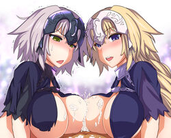 2girls blonde_hair blush braid breasts capelet chains collar cum cum_on_body cum_on_breasts cum_on_upper_body double_paizuri dual_persona fate/apocrypha fate/grand_order fate_(series) headpiece isemagu jeanne_alter jeanne_d'arc_(fate) large_breasts long_hair looking_at_viewer looking_down multiple_girls multiple_paizuri nose_blush open_mouth paizuri penis purple_eyes short_hair silver_hair straight sweatdrop tied_hair wavy_mouth yellow_eyes