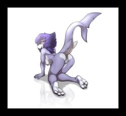 all_fours anthro anus ass barefoot breasts feet female fish looking_back marine nipples nude open_mouth pussy shark sideboob siroc soles solo tail toes xaenyth_(character)