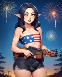 1boy 4th_of_july absurd_res absurdres ai_assisted ai_generated american_flag american_flag_bikini assault_rifle black_hair black_lipstick blasck_lips booty_shorts bulge bulge_through_clothing crossdressing elf elf_ears elf_male eyebrows eyelashes eyeliner eyeshadow femboy fireworks flat_chest green_eyes high_resolution highres holding_object holding_weapon lipstick long_hair makeup one_eye_closed pale-skinned_male pale_skin parted_hair petite petite_body petite_male pointy_ears rifle shorts skinny skinny_male small_breasts thecoomjurer tomgirl trap trigger_discipline tubetop twink wide_hips wink
