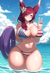 1girls 4th_of_july ai_generated american_flag_bikini big_breasts bikini breasts closed_eyes curvy hair_flower innertube large_breasts league_of_legends nai_diffusion navel ocean peace_sign red_hair riot_games side_ponytail smile solo solo_female stable_diffusion thick_thighs thighs vastaya xayah