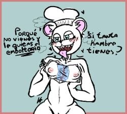 bimbo_bear blush breasts chef_hat chikenkieb_(artist) cyan_eyes female_focus female_only heart-shaped_pupils holding_breast naked_female nipples non-english_text open_mouth pixel_art spanish_text tagme tongue_out white_fur wobbling_breasts