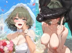 1girls 2boys affair ai_generated blush cheating cleavage cock_worship dark-skinned_male female gigantic_penis huge_cock huge_cock idolmaster_cinderella_girls idolmaster_cinderella_girls_starlight_stage interracial large_breasts lewdqueen long_penis looking_at_viewer middle_finger netorare ntr penis_covering_eyes rude_gesture short_hair smile tagme takagaki_kaede wedding wedding_dress wedding_veil