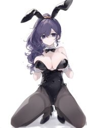 1girls ai_generated asahina_mafuyu belly_button big_breasts blush blush breasts breasts breasts breasts_out bunny_ears bunny_girl bunnysuit cleavage clothed clothing female female_focus female_only high_resolution highres looking_at_viewer naked navel navel_visible_through_clothes partially_clothed partially_clothed_female partially_nude partially_undressed pov project_sekai purple_eyes purple_hair solo solo_female solo_focus thighs tits_out white_background